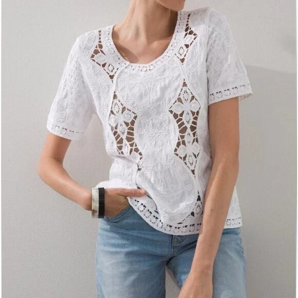 Chico's White Cutwork Top Scoop Neck Short Sleeve Knit Blouse Size 2  14/16 - Picture 1 of 14